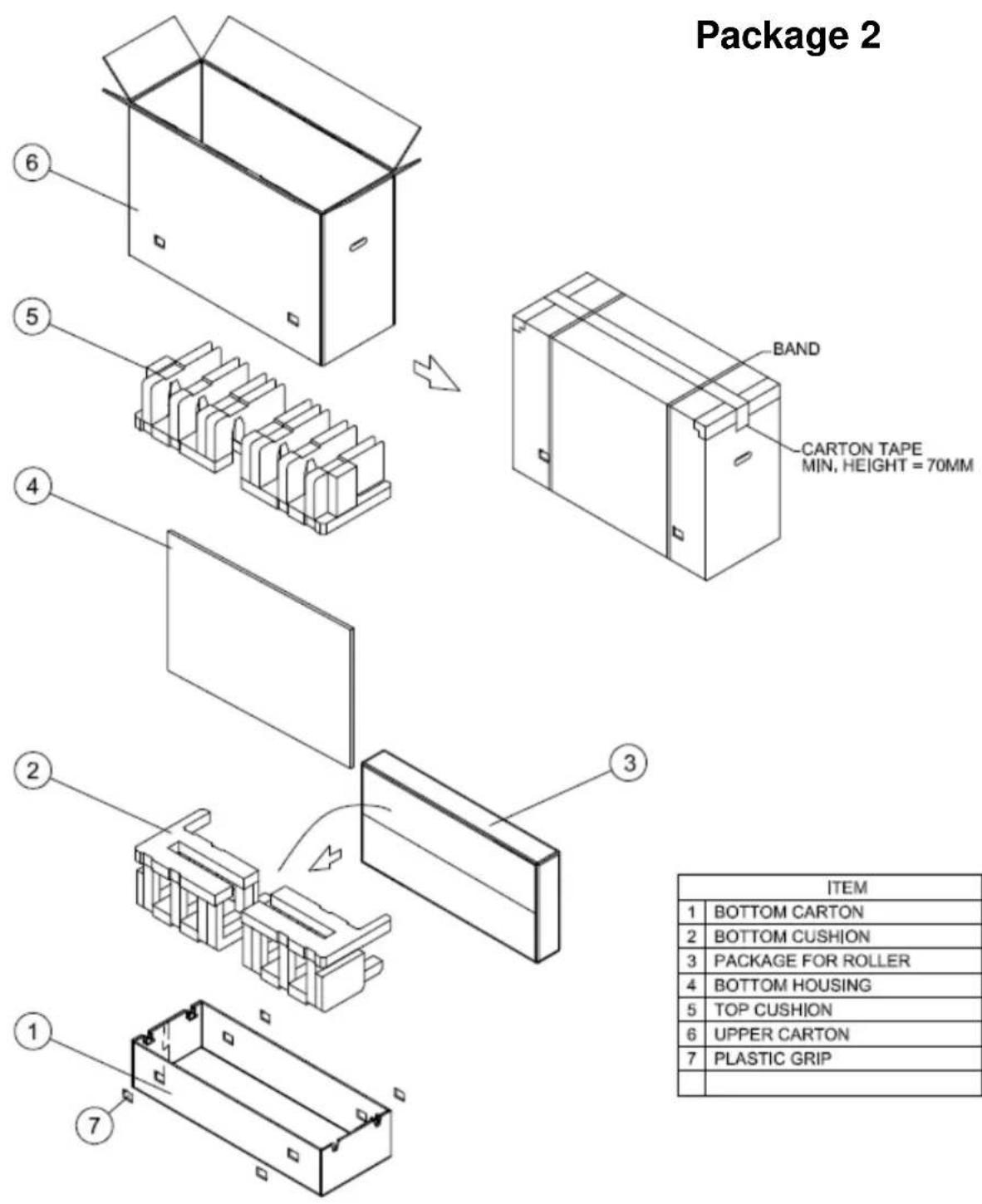 Package 2 BAND CARTON TAPE MIN, HEIGHT = 70MM 3 2 1 7 ITEM 1 BOTTOM CARTON 2 BOTTOM CUSHION 3 PACKAGE FOR ROLLER 4 BOTTOM HOUSING 5 TOP CUSHION 6 UPPER CARTON 7 PLASTIC GRIP