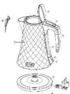 Technical diagram of a kettle with labeled parts and exploded view, showing internal structure and component labels.