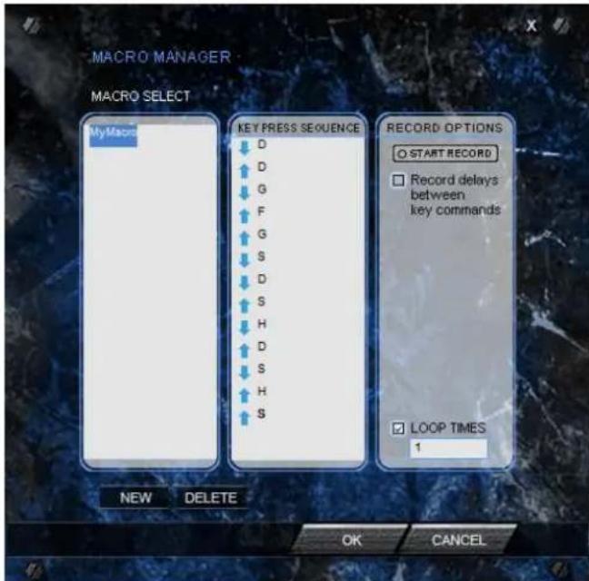 MACRO MANAGER MACRO SELECT My Macrop KEY PRESS SEQUENCE ↓ D ↑ G ↓ F ↑ G ↓ S ↓ D ↑ S ↓ H ↑ D ↓ S ↑ H ↑ S RECORD OPTIONS ○ START RECORD □ Record delays between key commands □ LOOP TIMES 1 NEW DELETE OK CANCEL