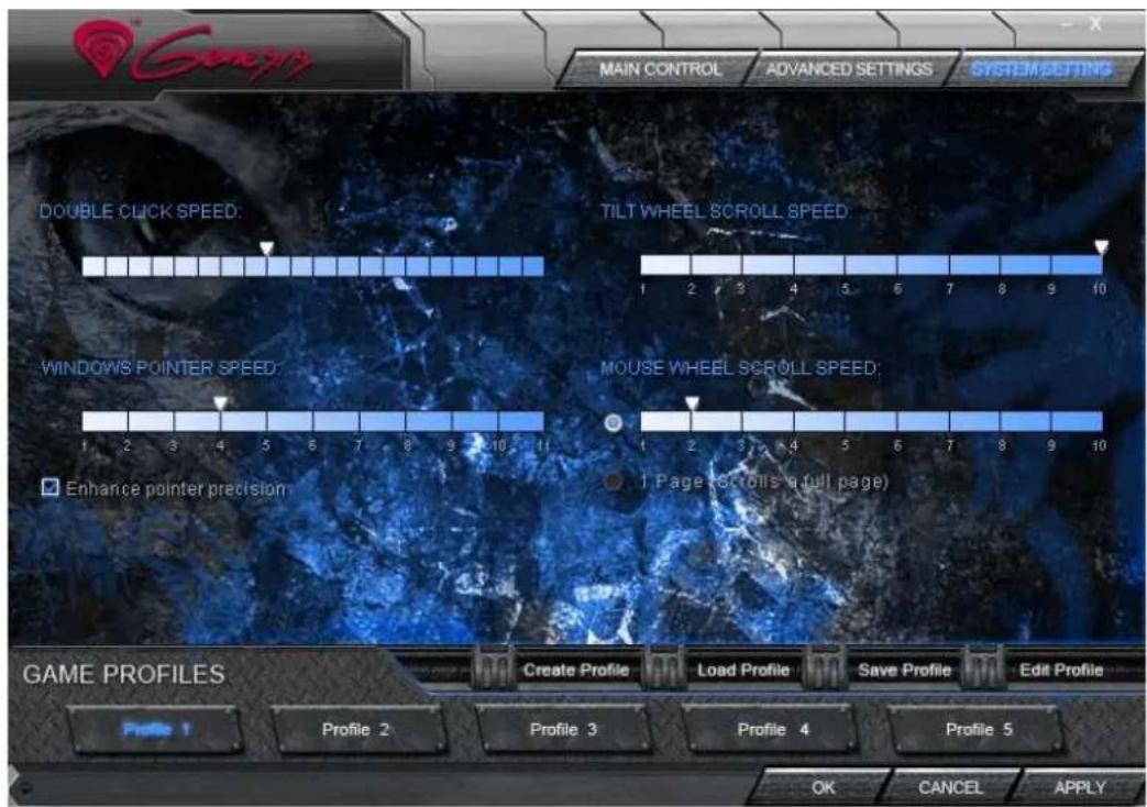 Google MAIN CONTROL ADVANCED SETTINGS SYSTEM SETTING DOUBLE CLICK SPEED: TILT WHEEL SCROLL SPEED: WINDOWS POINTER SPEED: MOUSE WHEEL SCROLL SPEED: Enhance pointer precision 1 Page Scrolls a full page) GAME PROFILES Create Profile Load Profile Save Profile Edit Profile Profile 1 Profile 2 Profile 3 Profile 4 Profile 5 OK CANCEL APPLY