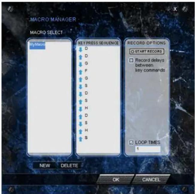 MACRO MANAGER MACRO SELECT My Macro KEY PRESS SEQUENCE Record Options ○ START RECORD □ Record delays between key commands LOOP TIMES 1 NEW DELETE OK CANCEL