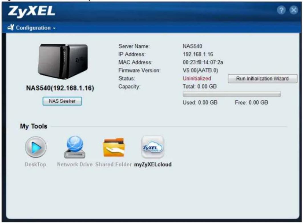 ZyXEL Configuration NAS540(192.168.1.16) Server Name: NAS540 IP Address: 192.168.1.16 MAC Address: 00:23:f8:14:07:2a Firmware Version: V5.00(AATB.0) Status: Uninitialized Capacity: Total: 0.00 GB NAS Seeker Used: 0.00 GB Free: 0.00 GB My Tools Desktop Network Drive Shared Folder myZyXELcloud