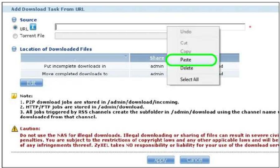 Add Download Task From URL Source URL Torrent File Location of Downloaded Files Share Undo Cut Copy Paste Delete Select All Put incomplete downloads in admin Move completed downloads to admin Edit Note: 1. P2P download jobs are stored in /admin/download/incoming. 2. HTTP/FTP jobs are stored in /admin/download. 3. All jobs triggered by RSS channels create the subfolder in /admin/download using the channel name or downloaded from that channel. Caution: Do not use the NAS for illegal downloads. Illegal downloading or sharing of files can result in severe civil penalties. You are subject to the restrictions of copyright laws and any other applicable laws and will be of any infringements thereof. ZyXEL takes NO responsibility or liability for your use of the download service. Apply Cancel