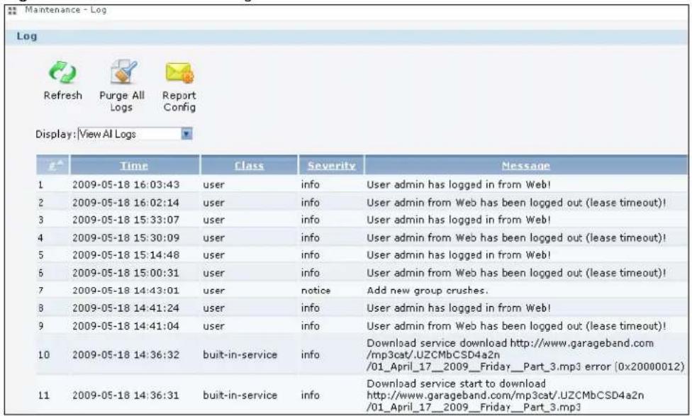 Maintenance - Log Log Refresh Purge All Report Reports Config Display: View AI Logs Time Class Severity Message 1 2009-05-18 16:03:43 user info User admin has logged in from Web! 2 2009-05-18 16:02:14 user info User admin from Web has been logged out (lease timeout)! 3 2009-05-18 15:33:07 user info User admin has logged in from Web! 4 2009-05-18 15:30:09 user info User admin from Web has been logged out (lease timeout)! 5 2009-05-18 15:14:48 user info User admin has logged in from Web! 6 2009-05-18 15:00:31 user info User admin from Web has been logged out (lease timeout)! 7 2009-05-18 14:43:01 user notice Add new group crushes. 8 2009-05-18 14:41:24 user info User admin has logged in from Web! 9 2009-05-18 14:41:04 user info User admin from Web has been logged out (lease timeout)! 10 2009-05-18 14:36:32 built-in-service info Download service download http://www.garageband.com/mp3cat/.UZCMbCSD4a2n/01_April_17_2009_Friday_Part_3.mp3 error (0x20000012) 11 2009-05-18 14:36:31 built-in-service info Download service start to download http://www.garageband.com/mp3cat/.UZCMbCSD4a2n/01_April_17_2009_Friday_Part_3.mp3