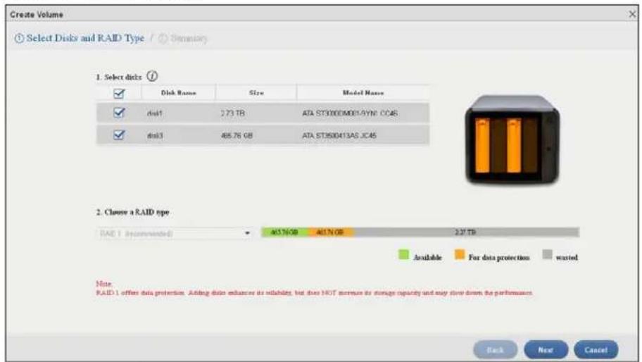 Create Volume Select Disks and RAID Type / Semtech 1. Select disks ✓ Disk Name Size Model Name ✓ disk1 273 TB ATA ST3000M001-5YN1 CC46 ✓ disk3 466.76 GB ATA ST350413AS JC46 2. Choose a RAID type RAID 1 (Recommended) 465%/GB 467%/GB 2.27 TB Available For data protection wasted Note RAID 1 offers data protection. Adding disk enhances its reliability, but disk NOT ensure its storage capacity and may close down the performance. Back Next Cancel