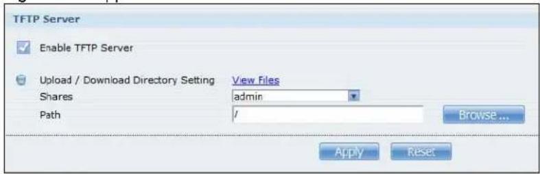 TFTP Server Enable TFTP Server Upload / Download Directory Setting View Files Shares admin Path / Browse ... Apply Reset