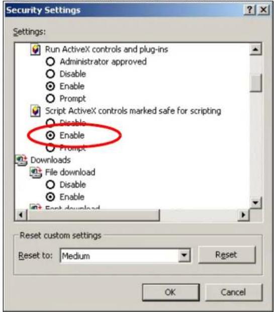 Security Settings Settings: Run ActiveX controls and plug-ins Administrator approved Disable Enable Prompt Script ActiveX controls marked safe for scripting Disable Enable Prompt Downloads File download Disable Enable Back download Reset custom settings Reset to: Medium Reset OK Cancel