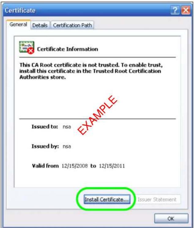 Certificate General Details Certification Path Certificate Information This CA Root certificate is not trusted. To enable trust, install this certificate in the Trusted Root Certification Authorities store. Issued to: nsa Issued by: nsa Valid from 12/15/2008 to 12/15/2011 Install Certificate... Issuer Statement OK