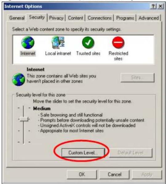 Internet Options General Security Privacy Content Connections Programs Advanced Select a Web content zone to specify its security settings. Internet Local intranet Trusted sites Restricted sites Internet This zone contains all Web sites you haven't placed in other zones Security level for this zone Move the slider to set the security level for this zone. Medium - Safe browsing and still functional - Prompts before downloading potentially unsafe content - Unsigned ActiveX controls will not be downloaded - Appropriate for most Internet sites Custom Level... Default Level OK Cancel Apply