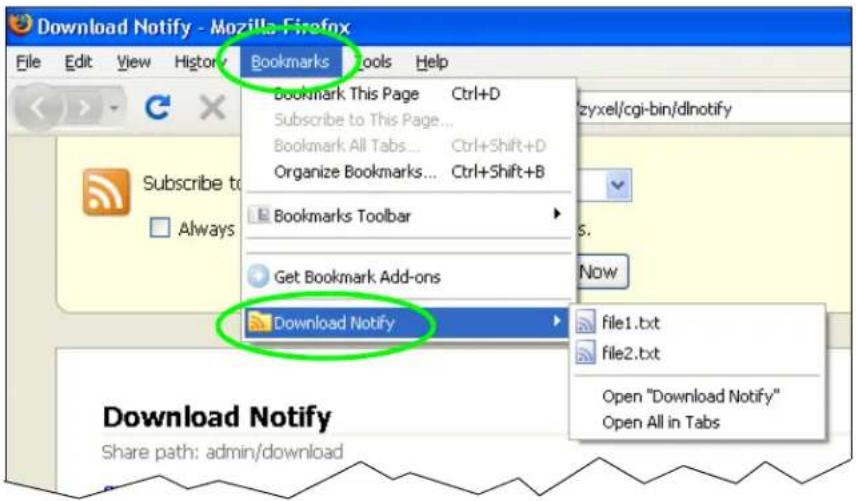 Download Notify - Mozilla Firefox File Edit View History Bookmarks Tools Help Bookmark This Page Ctrl+D Subscribe to This Page... Bookmark All Tabs... Ctrl+Shift+D Organize Bookmarks... Ctrl+Shift+B Bookmarks Toolbar Get Bookmark Add-ons Download Notify file1.txt file2.txt Open "Download Notify" Open All in Tabs Download Notify Share path: admin/download