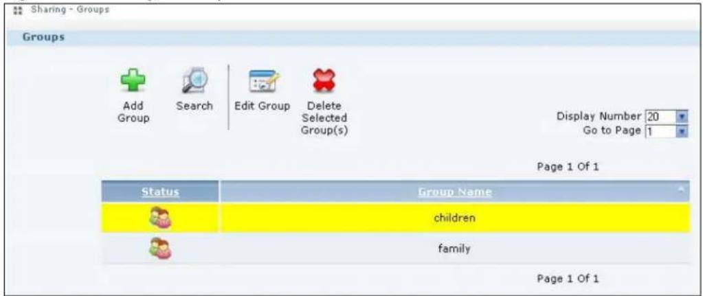 Sharing - Groups Groups Add Group Search Edit Group Delete Selected Group(s) Display Number 20 Go to Page 1 Page 1 Of 1 Status Group Name children family Page 1 Of 1