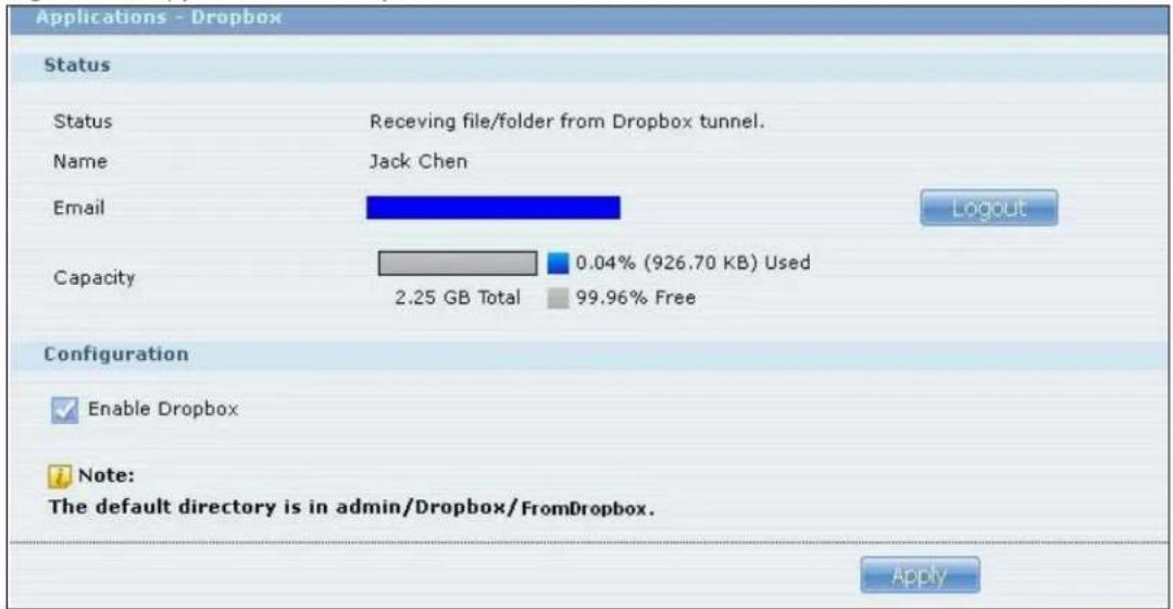 Applications - Dropbox Status Status Receiving file/folder from Dropbox tunnel. Name Jack Chen Email Capacity 0.04% (926.70 KB) Used 2.25 GB Total 99.96% Free Configuration Enable Dropbox Note: The default directory is in admin/Dropbox/FromDropbox. Apply