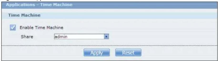 Applications - Time Machine Time Machine Enable Time Machine Share admin Apply Reset