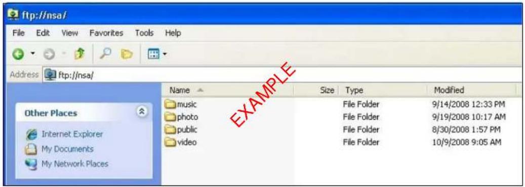 ftp://nsa/ File Edit View Favorites Tools Help Address ftp://nsa/ Name Size Type Modified music File Folder 9/14/2008 12:33 PM photo File Folder 9/19/2008 10:17 AM public File Folder 8/30/2008 1:57 PM video File Folder 10/9/2008 9:05 AM Other Places Internet Explorer My Documents My Network Places