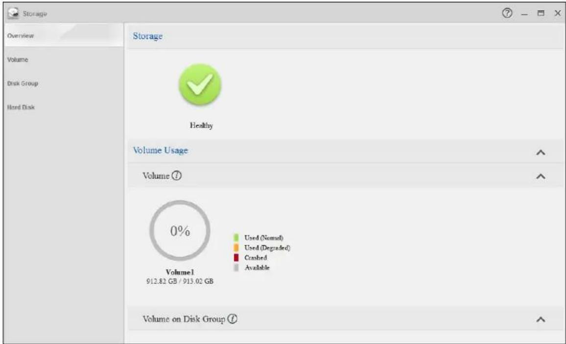 Storage Overview Volume Disk Group Hard Disk Storage Healthy Volume Usage Volume ? 0% Used (Normal) Used (Degraded) Crashed Available Volume1 912.82 GB / 913.02 GB Volume on Disk Group ? ↑