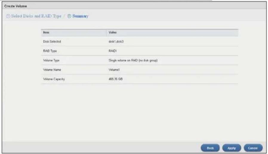 Create Volume Select Discs and RAID Type Summary Item Value Disk Selected disk1,disk3 RAID Type RAID1 Volume Type Single volume on RAID (no disk group) Volume Name Volume1 Volume Capacity 405.76 GB Back Apply Cancel