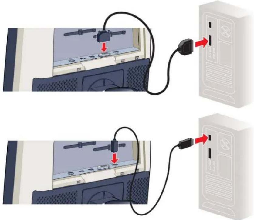 Diagram showing cable installation and connection to a computer monitor, with red arrows indicating cable movement.