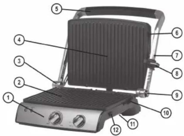 Labeled diagram of a 3D grill with numbered parts for identification