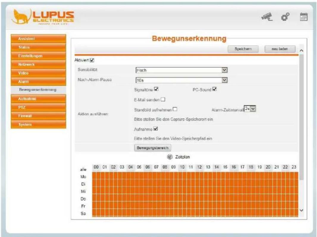 LUPUS ELECTRONICS Bewegunserkennung Speichern neu laden Aktiviert ✓ Sonstabilität Hoch Nach-Alarm-Pause 10s Signaltöne ✓ PC-Sound ✓ E-Mail senden □ Aktion ausführen: Standbild aufnehmen □ Alarm-Zeitinterval 2s Bitte stellen Sie den Capture-Speicherort ein Aufnahme ✓ Bitte stellen Sie den Video-Speicherpfad ein Bewegungsbereich © Zeitplan alle 00 01 02 03 04 05 06 07 08 09 10 11 12 13 14 15 16 17 18 19 20 21 22 23 Mo Di Mi Do Fr Sa