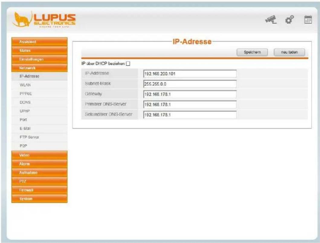 LUPUS ELECTRONICS SBERG FROM LIFE Assistant Status Einstellungen Network IP-Adresse WLAN PPPoE DONS UPnP Port E-Mail FTP Server P2P Video Alarm Aufnahme PTZ Firewall System IP-Adresse 192.168.200.101 Subnet-Mask 255.255.0.0 Gateway 192.168.178.1 Primärer DNS-Server 192.168.178.1 Sekundärer DNS-Server 192.168.178.1 Spelchem neu laden IP über DHCP beziehen □