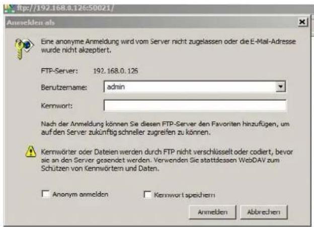 ftp://192.168.0.126:50021/ Anmelden als Eine anonyme Anmeldung wird vom Server nicht zugelassen oder die E-Mail-Adresse wurde nicht akzeptiert. FTP-Server: 192.168.0.126 Benutzername: admin Kennwort: Nach der Anmeldung können Sie diesen FTP-Server den Favoriten hinzufügen, um auf den Server zukünftig schneller zugreifen zu können. Kernwörter oder Dateien werden durch FTP nicht verschlüsselt oder codiert, bevor sie an den Server gesendet werden. Verwenden Sie stattdessen WebDAV zum Schützen von Kennwörtem und Daten. Anonym anmelden Kernwort speichern Anmelden Abbrevchen