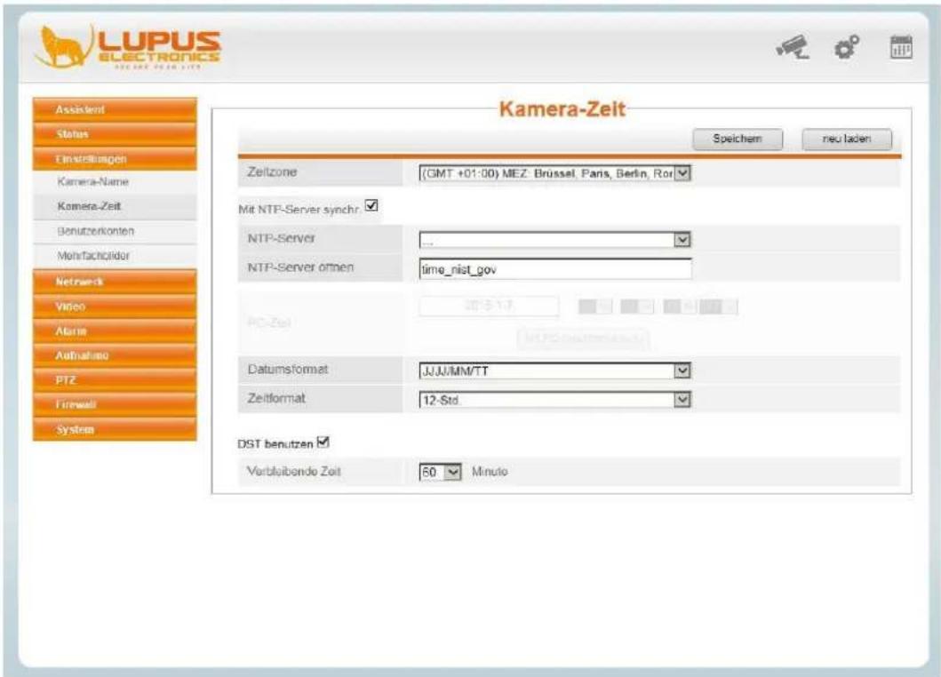 LUPUS ELECTRONICS Kamera-Zeit Speichem neu laden Assistent Status Einstellungen Kamera-Name Kamera-Zeit Benutzerkonten Mehrfracholder Netwerk Video Alarm Aufnahme PTZ Firewall System Kamera-Zeit Zeitzone (GMT +01:00) MEZ, Brüssel, Pans, Berlin, Ror Mit NTP-Server synchr NTP-Server ... NTP-Server ofthen time_nist_gov 2013.1.7 Datumsformat JJJJ/MM/TT Zeitformat 12-Std. DST benutzen Vorblubendo Zeit 60 Minute
