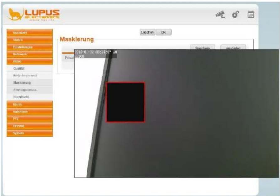 LUPUS ELECTRONICS assistant Status Einstellungen Network Video Qualität Rikodimmensatz Maskierung Sonstigeingeschuss Numtsakt Alarm Aufnahme PTZ Erwartel System Maskierung Lischen OK 2015-01-12 08:29:07 AM Private LE-200 Speichem neußenzen