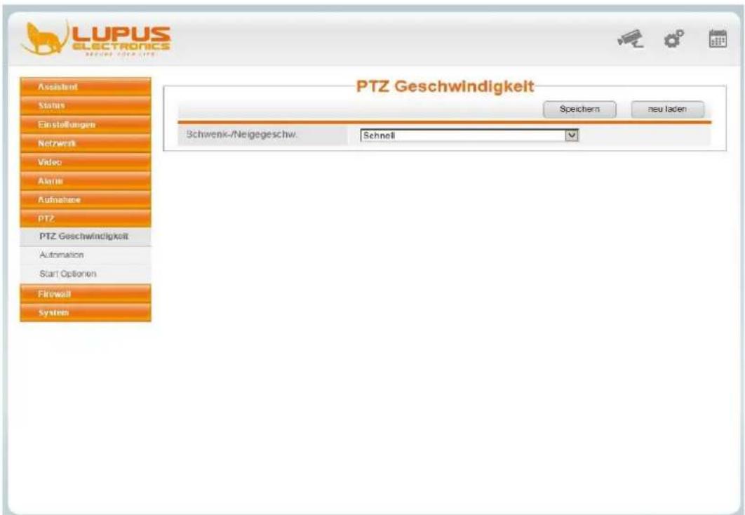 LUPUS ELECTRONICS REVOCY WORKS PTZ Geschwindigkeit Assistent Status Einstellungen Netwerk Video Alanis Aufnahme PTZ PTZ Geschwindigkeit Automation Start Optionen Firewall System Speichern neu laden Schwenk-/Neigegeschw. Schnell
