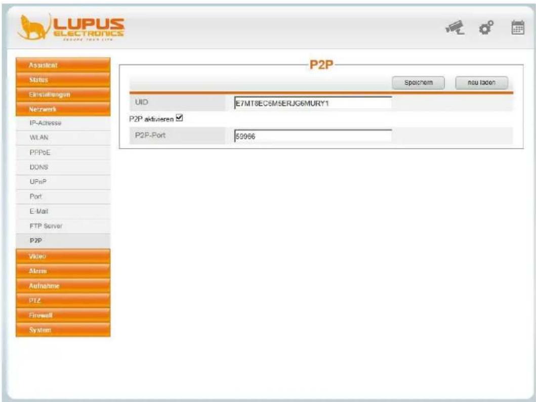 LUPUS ELECTRONICS ASSENT Status Einsatungen Netzernk IP-Adresse WLAN PPPoE DONS UPnP Port E-Mail FTP Server P2P Video Alarm Aufnahme PTZ Firewall System P2P Spatchem neu laden UID E7MT8EC6M5ERJG6MURY1 P2P aktivieren P2P-Port 59966