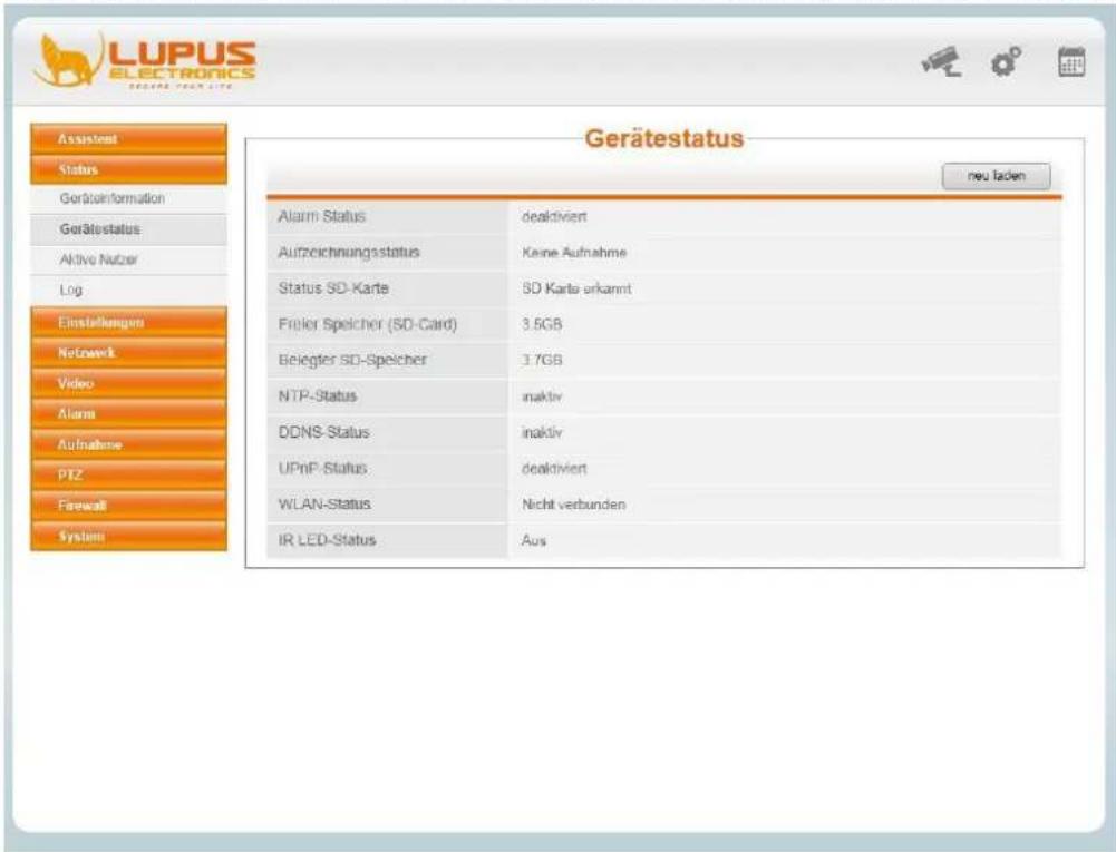 LUPUS ELECTRONICS SERVING YOUR LIFE Gerätestatus neu laden Assistent Status Geräteinformation Gerätestatus Aktive Nutzer Log Einstellungen Network Video Alarms Aufnahme PTZ Ferewart System Alarm Status deaktiviert Aufzeichnungsstatus Keine Aufnahme Status SD-Karte SD Karte erkanmt Freier Speicher (SD-Card) 3.5GB Beiegter SD-Speicher 3.7GB NTP-Status inaktiv DDNS-Status inaktiv UPnP-Status deaktiviert WLAN-Status Nicht verbunden IR LED-Status Aus