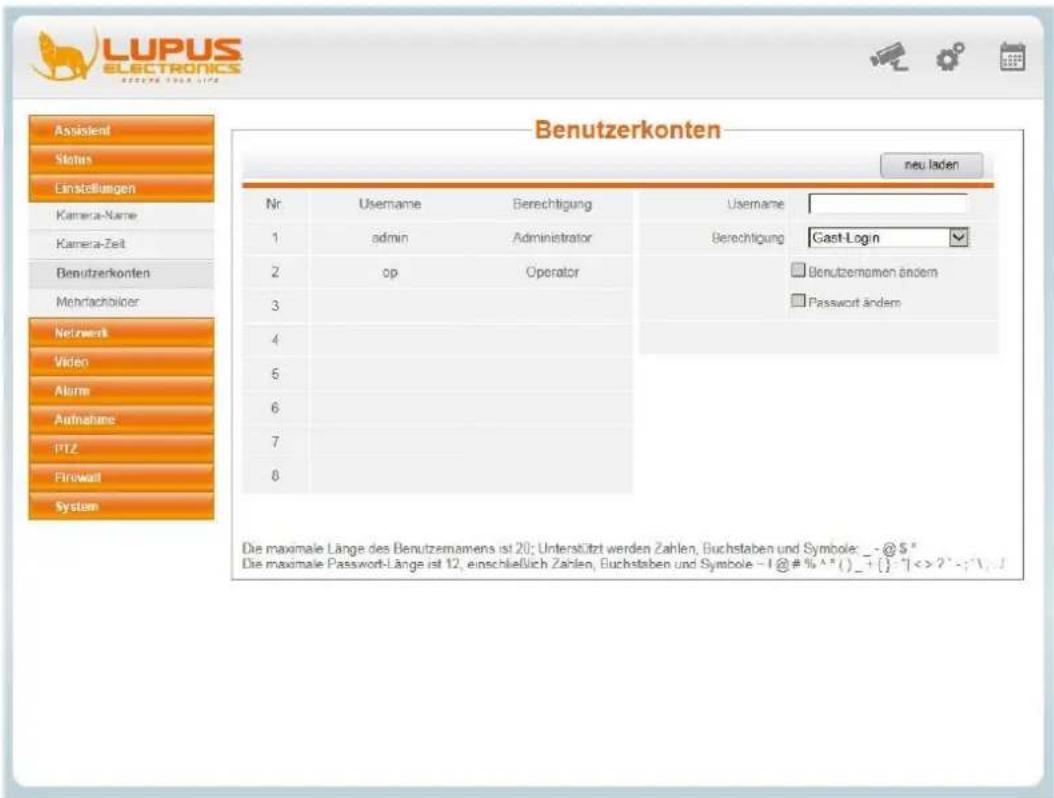 LUPUS ELECTRONICS BEETRICH-TECHNICE Assistant Status Einstellungen Kamera-Name Kamera-Zeit Benutzerkonten Mehrfachbilder Netwerk Video Alarm Aufnahme PTZ Pinwart System Benutzerkonten neu laden Nr Username Berechtigung Username 1 admin Administrator Berechtigung Gast-Log n 2 op Operator Benutzemomen ändern 3 Password ändern 4 5 6 7 8 Die maximale Länge des Benutzemamens ist 20: Unterstützt werden Zahlen, Buchstaben und Symbole: _ - @ $* Die maximale Passwort-Länge ist 12, einschließlich Zahlen, Buchstaben und Symbole - I @ # % ^ * () _ + { } - 7 < > 2' - ; 1, J