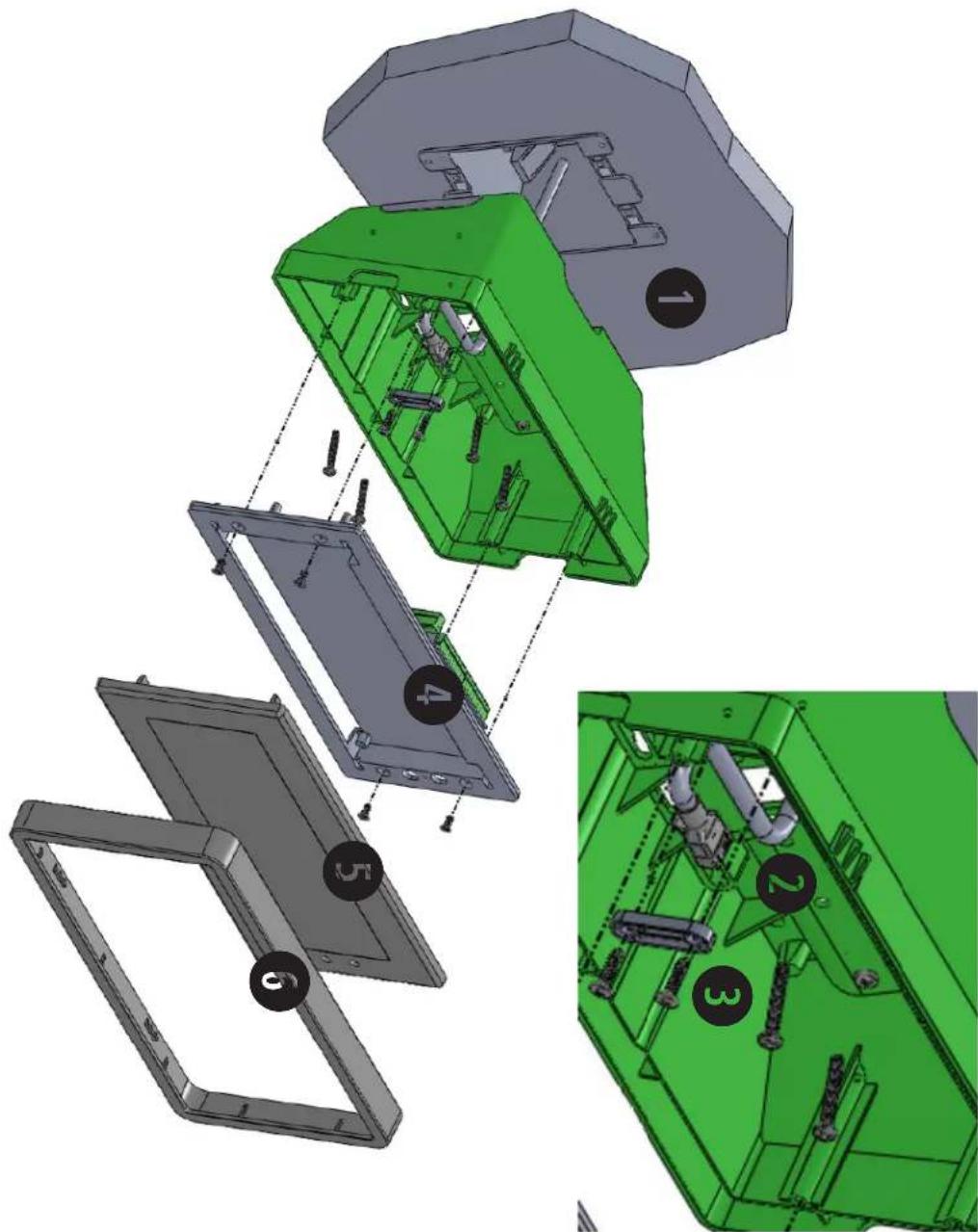 Exploded view diagram of a green industrial device showing internal components and assembly (no text or labels)