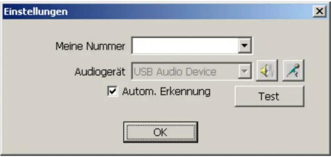 Einstellungen Meine Nummer Audiogerät USB Audio Device ✓ Autom. Erkennung Test OK