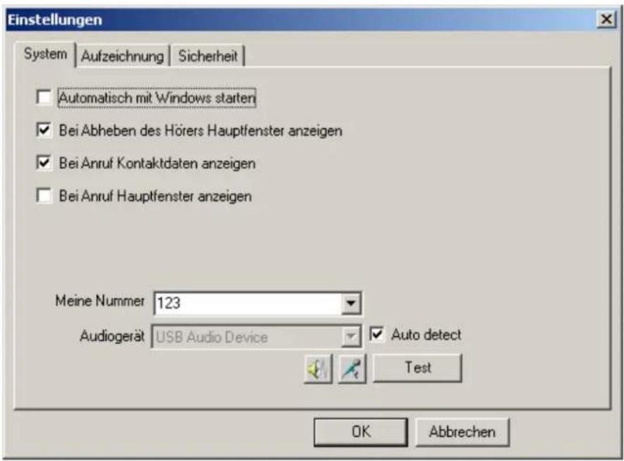 Einstellungen System Aufzeichnung Sicherheit Automatisch mit Windows starteri Bei Abheben des Hörers Hauptfenster anzeigen Bei Anruf Kontaktdaten anzeigen Bei Anruf Hauptfenster anzeigen Meine Nummer 123 Audiogerät USB Audio Device Auto detect Test OK Abbrechen
