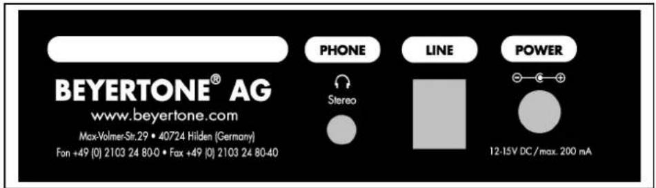 BEYERTONE® AG www.beyertone.com Max-Volmer-Str.29 • 40724 Hilden (Germany) Fon +49 (0) 2103 24 80:0 • Fax +49 (0) 2103 24 80:40 PHONE Stereos LINE POWER 12-15V DC / max. 200 mA