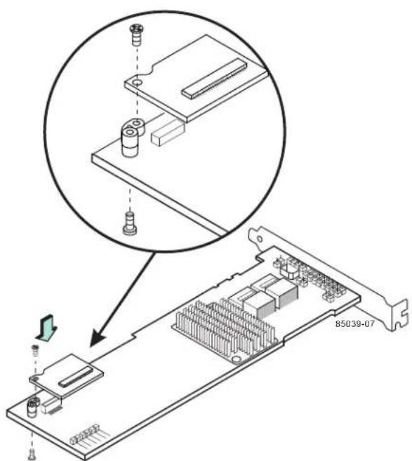 Technical diagram showing assembly of a computer motherboard with labeled components and a magnified detail view.