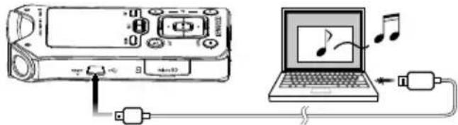 Diagram showing audio device connected to laptop with music notes and USB cable
