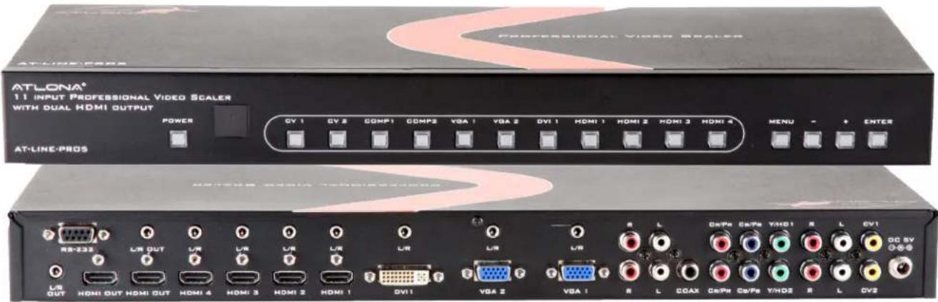 AT-LONE® 1.1 INPUT PROFESSIONAL VIDEO SCALER WITH DUAL HDMI OUTPUT POWER GY 1 GY 2 COMP1 COMP2 VGA 1 VGA 2 DVI 1 HDMI 1 HDMI 2 HDMI 3 HDMI 4 MENU - + ENTER AT-LINE-PROS RS-233 L/R OUT L/R L/R L/R L/R L/R L/R R L DC+Ps Cs+Ps Y+HO1 R L EV1 DC SV O-0-0 L/R OUT HDMI OUT HDMI OUT HOMI 4 HOMI 3 HOMI 2 HOMI 1 DVI1 VGA 2 VGA 1 R L COAX Cs+Ps Cs+Ps Y+HO2 R L DV2