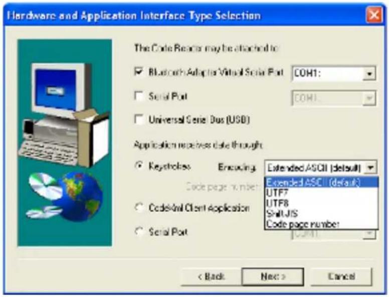 Hardware and Application Interface Type Selection The Code Reader may be attached to Bluetooth Adapter Virtual Serial Port COH1: Serial Port COM1 Universal Serial DOS (USD) Application receives date through Keyframes Encoding Extended ASCII [default] Code page number Extended ASCII [default] UTF7 UTF8 Shift-JIS Code page number Serial Port COM1 < Back Next > Cancel