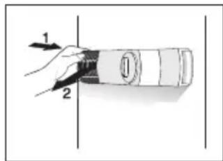 Diagram showing a hand holding a cylindrical object with labeled parts 1 and 2, likely illustrating a mechanical or electrical concept.
