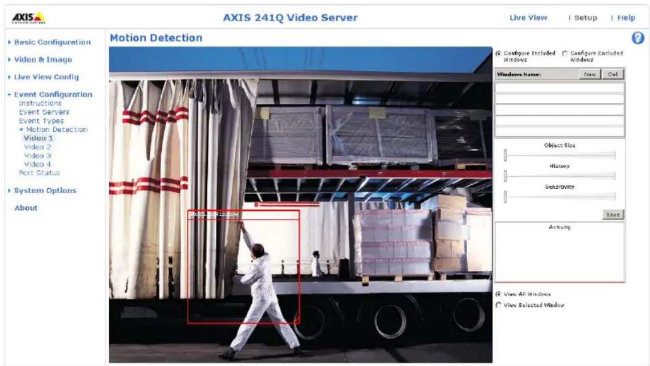 AXIS 241Q Video Server Live View | Setup | Help Motion Detection Basic Configuration Video & Image Live View Config Event Configuration Instructions Event Servers Event Types Motion Detection Video 1 Video 2 Video 3 Video 4 Port Status System Options About Configure Included Windows Configure Excluded Windows Windows Name: New Del Object Size History Sensitivity Save Activity View All Windows View Selected Window