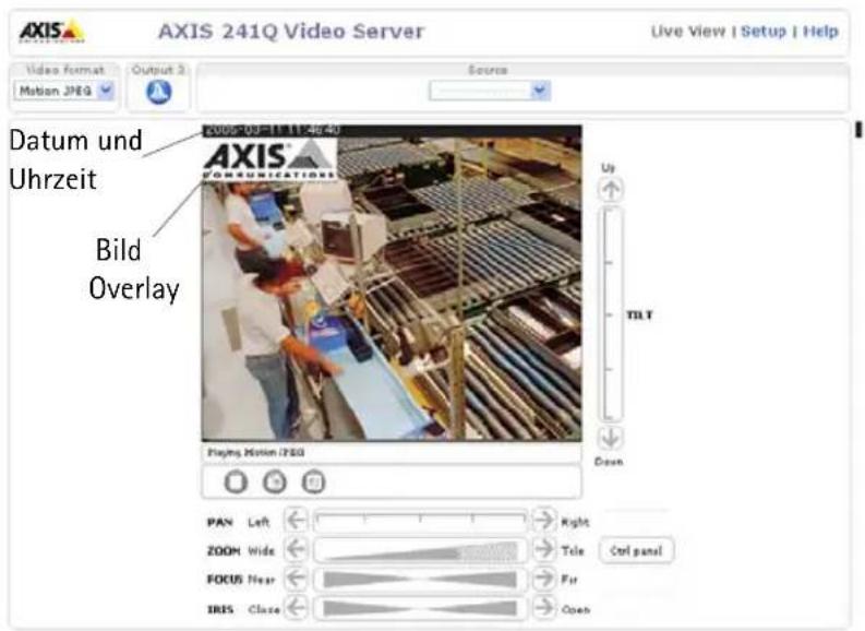 AXIS 241Q Video Server Live View | Setup | Help Video format Output 3 Motion JPEG Source Datum und Uhrzeit Bild Overlay 2008-03-11 11:46:40 AXIS V OBRICA NDS Playing Motion JPEG Up ↑ MLT Down PAN Left Right ZOOM Wide Title Ctrl panel FOCUS Near Ftr IRES Close Open