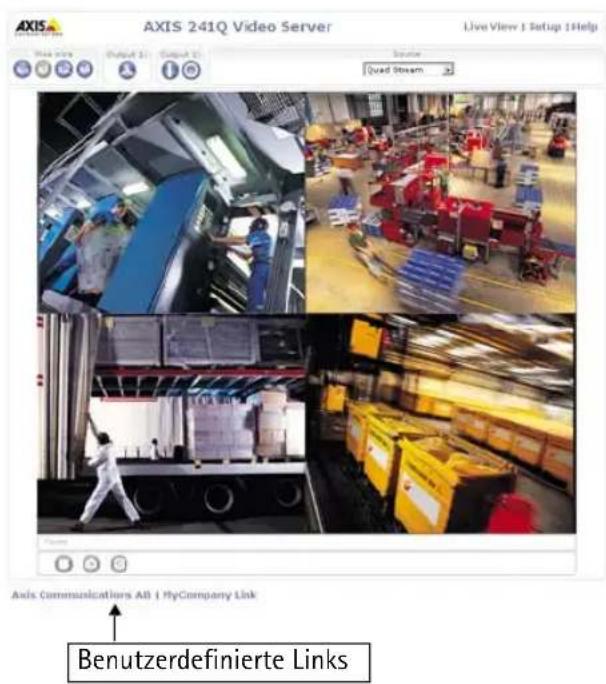 AXIS 241Q Video Server Live View 1 Setup 1Help Output 31 Output 32 Source Quad Stream Axis Communications All | MyCompany Link Benutzerdefinierte Links