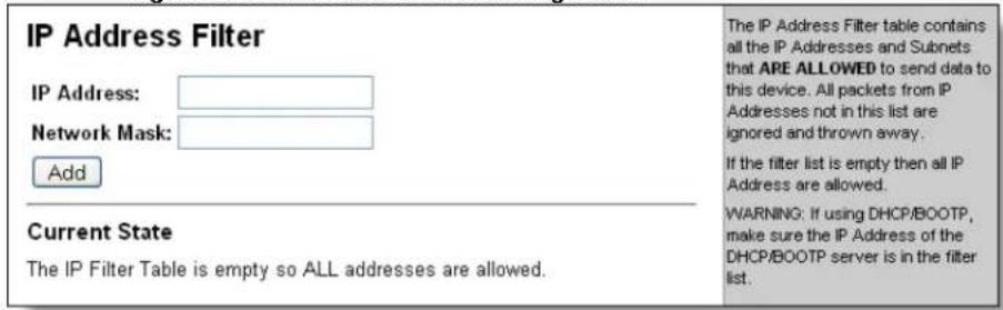 IP Address Filter IP Address: Network Mask: Add Current State The IP Filter Table is empty so ALL addresses are allowed. The IP Address Filter table contains all the IP Addresses and Subnets that ARE ALLOWED to send data to this device. All packets from IP Addresses not in this list are ignored and thrown away. If the filter list is empty then all IP Address are allowed. WARNING: If using DHCP/BOOTP, make sure the IP Address of the DHCP/BOOTP server is in the filter list.