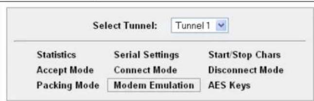 Select Tunnel: Tunnel 1 Statistics Serial Settings Start/Stop Chars Accept Mode Connect Mode Disconnect Mode Packing Mode Modem Emulation AES Keys