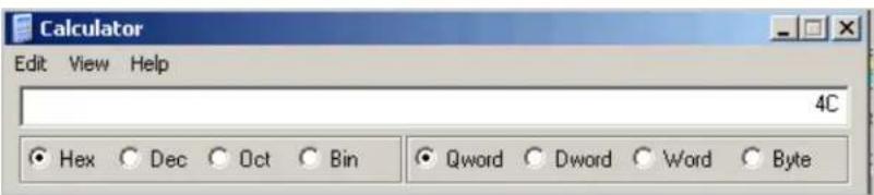 Calculator Edit View Help 4C Hex Dec Oct Bin Qword Dword Word Byte