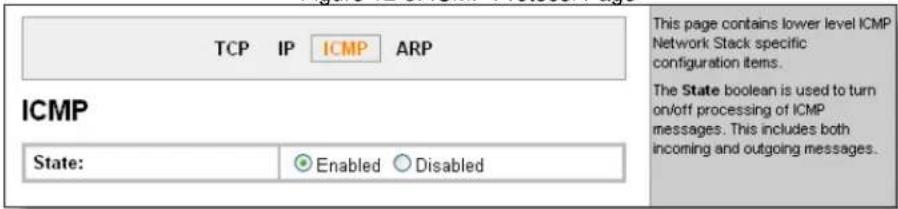 TCP IP ICMP ARP ICMP State: Enabled Disabled This page contains lower level ICMP Network Stack specific configuration items. The State boolean is used to turn on/off processing of ICMP messages. This includes both incoming and outgoing messages.