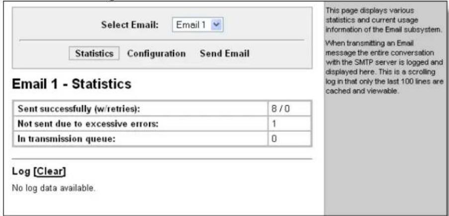 Select Email: Email 1 Statistics Configuration Send Email Email 1 - Statistics Sent successfully (w/retries): 8/0 Not sent due to excessive errors: 1 In transmission queue: 0 Log [Clear] No log data available.