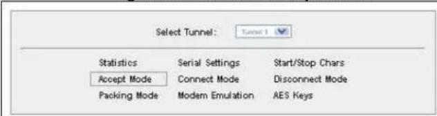 Select Tunnel: Statistics Serial Settings Start/Stop Chars Accept Mode Connect Mode Disconnect Mode Packing Mode Modem Emulation AES Keys