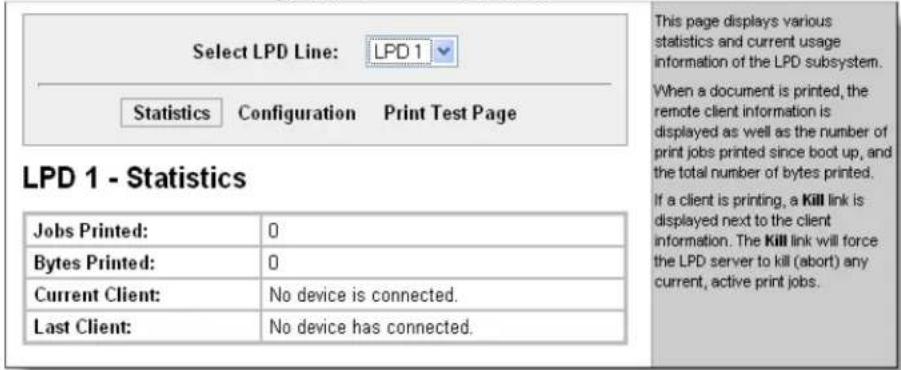 Select LPD Line: LPD 1 Statistics Configuration Print Test Page LPD 1 - Statistics Jobs Printed: 0 Bytes Printed: 0 Current Client: No device is connected. Last Client: No device has connected. This page displays various statistics and current usage information of the LPD subsystem. When a document is printed, the remote client information is displayed as well as the number of print jobs printed since boot up, and the total number of bytes printed. If a client is printing, a Kill link is displayed next to the client information. The Kill link will force the LPD server to kill (abort) any current, active print jobs.